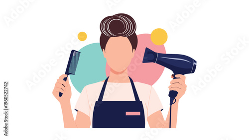 Skilled hairdresser wearing a dark apron while holding a professional comb and a black hair dryer in her hands.