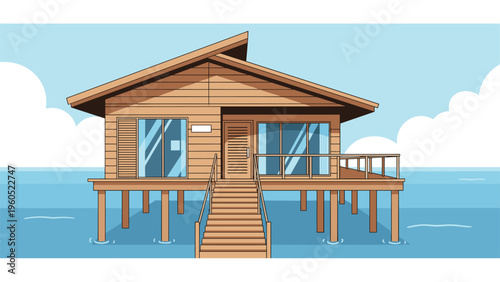 Peaceful wooden bungalow built on stilts over calm blue ocean waters with clouds on the horizon under a clear sky.