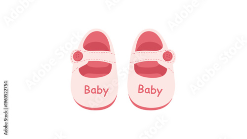 Pair of soft pink baby shoes featuring a single strap with a button and the word Baby printed on the front of each.