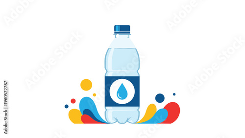 Plastic water bottle with a blue cap and drop logo on its label stands against vibrant, colorful liquid splashes on a white background.
