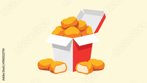 Carton full of golden-brown chicken nuggets with several pieces spilled in front, one sliced open to reveal the white meat inside.