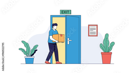 Man in a blue shirt and dark trousers carries a cardboard box through an open blue door under a green exit sign in a modern office.