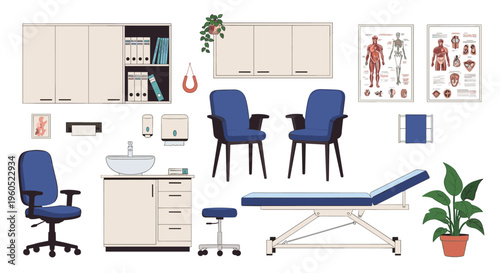 Comprehensive collection of medical equipment and furniture for a professional doctor's office or clinic room.