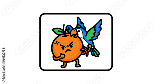 Illustrative depiction of a vibrant cartoon orange character feeling annoyed by a playful parrot's