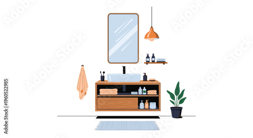 Modern bathroom interior design featuring a wooden vanity, rectangular mirror, and various grooming products.