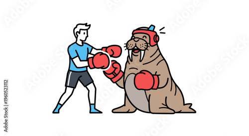 Friendly cartoon boxing match between a cheerful walrus and an active human sportsman