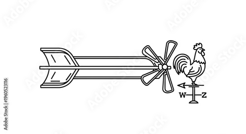 Elegant monochrome illustration featuring a rooster weather vane and an anemometer-like device