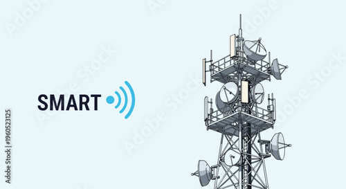 Large telecommunications tower with multiple satellite dishes and antennas standing against a clear light blue sky background.