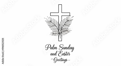 Palm sunday and easter greeting card with cross and palm branches in black and white