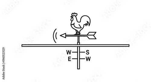 Minimalist line art illustration of a traditional weathervane with a rooster indicating wind