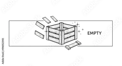 Minimalist line art illustrating an empty, partially disassembled wooden crate with planks