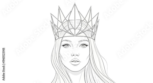 Monochromatic illustration of an elegant woman wearing a stylized regal crown, perfect for