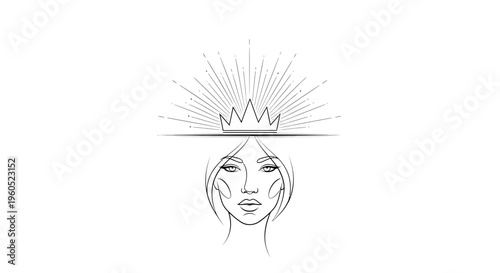 Empowered feminine energy with radiant crown illustration in minimalist line art style
