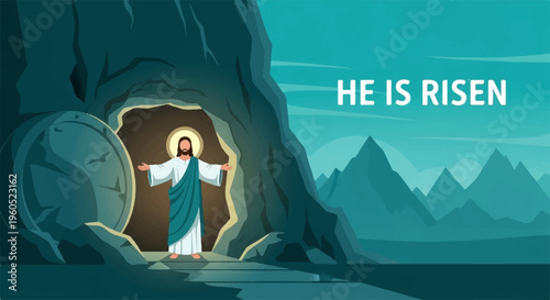 Jesus christ emerging from tomb with glowing halo symbolizing resurrection and new life with mountains in background