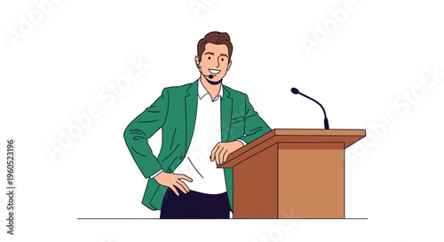 Confident male speaker in a green jacket standing at a wooden podium giving a presentation with a microphone.