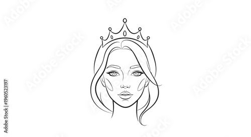 Elegant line art drawing of a crowned woman's face exuding regal beauty and sophisticated charm