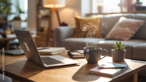 Cozy home office, laptop on wooden desk, modern living room background, comfortable workspace