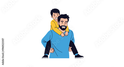 Loving father giving his young son a piggyback ride on a white background, both smiling and having fun together.