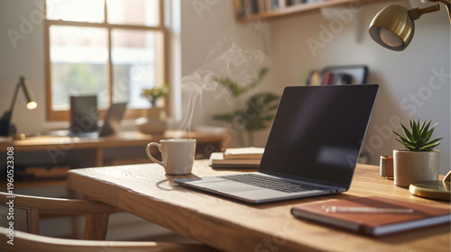 Cozy home office, wooden desk workspace, laptop and tablet, morning coffee