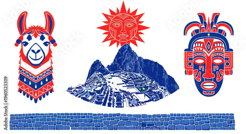 Andean Culture: Llama, Sun, Machu Picchu, Mask, and Stone Wall