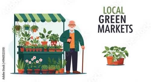 Senior man holding a bottle standing in front of his local green market flower stall with many potted plants.