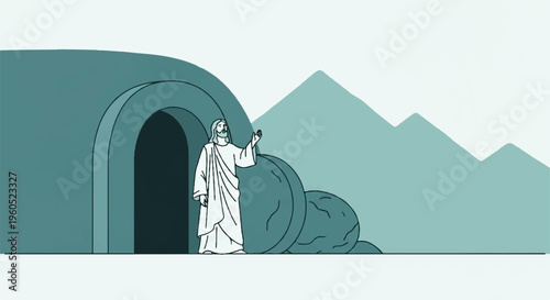 Man in white robe exiting cave with whisk in hand standing in front of mountains