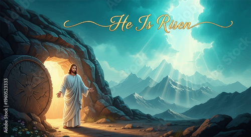 Jesus christ emerging from an empty tomb with a radiant glow symbolizing resurrection and hope set against a majestic mountainous landscape with clouds and sunlight