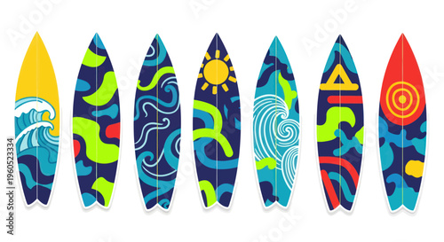 Colorful Surfboards Lined Up: Summer Beach Vibes and Ocean Fun