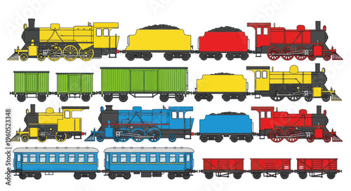 Colorful vintage steam trains and carriages arranged in rows on white background