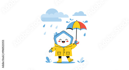 Cute blue pentagon character wearing a yellow raincoat and boots while walking under a colorful umbrella in the rain.