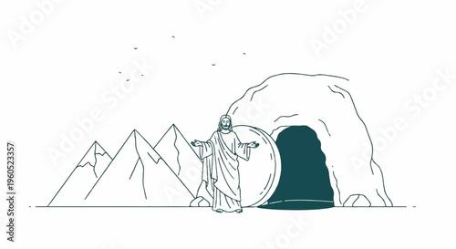 Man rolling barrel out of cave with mountains in background adventurous spirit exploration concept outdoor activity scenic landscape
