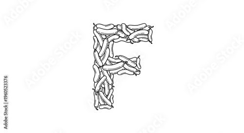 Artistic monochrome illustration of the uppercase letter F constructed from a unique pattern of