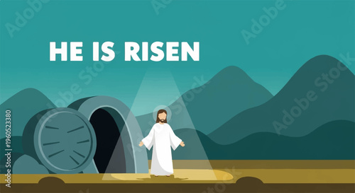 Jesus christ standing outside an empty tomb with a radiant glow symbolizing resurrection and new life against a serene mountain backdrop at sunrise