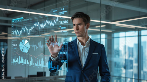 Businessman interacting with virtual data, futuristic office background, graphs and charts display