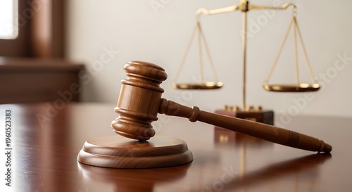 Wooden judge gavel and scales of justice on desk in courtroom