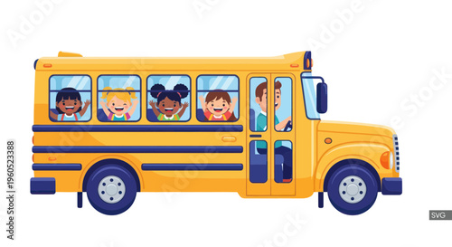 Happy Children Riding Yellow School Bus, Diverse Kids Waving Hello