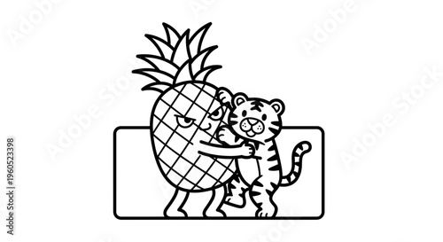 Quirky line art illustration portraying a visibly grumpy pineapple protectively embracing a