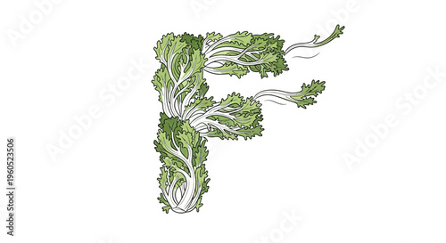 An artistic rendition of the capital letter F meticulously formed from lush, vibrant green salad