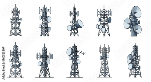 Set of various telecommunications towers and antennas with satellite dishes for mobile network and radio transmission.