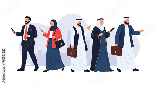 Group of Arabic business men and women walking together in formal attire and carrying professional briefcases.