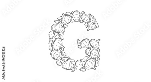 Stylized graphic of the letter G composed entirely of hand-drawn garlic bulbs and separate cloves