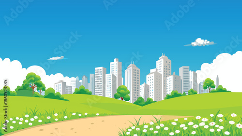 Cartoon cityscape with green hills and a bright blue sky