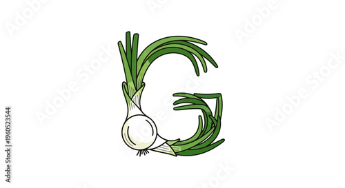 Stylized letter G formed by fresh green scallion and onion illustration a vibrant vegetable