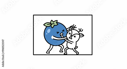 Playful cartoon blueberry and deer characters locked in an amusing and energetic battle scene