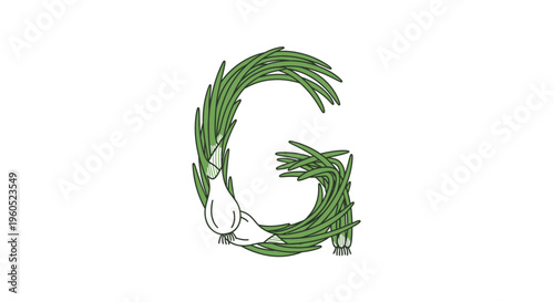 Stylized botanical letter G formed by fresh green onion stalks and bulbs on a clean background