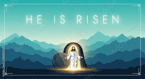 Jesus christ rising from tomb he is risen easter resurrection empty tomb mountains background sunrise