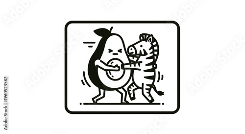 Whimsical avocado character resisting a playful zebra in a humorous line art illustration