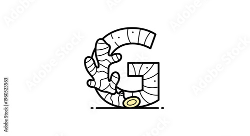 Stylized letter G with ginger root outline minimalistic illustration design suitable for health