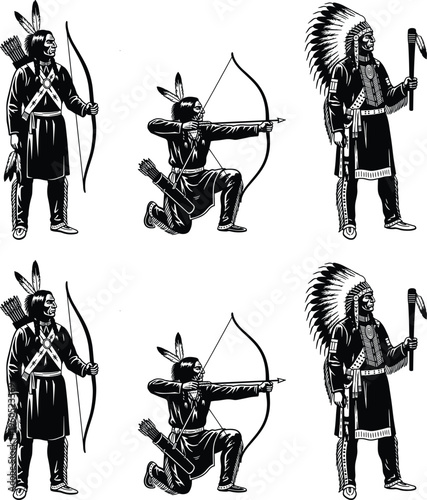 Native American warrior silhouettes, bow arrow illustration, feather headdress design, tomahawk artwork, cultural heritage vector, traditional attire art
