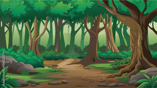 Lush forest scene with a winding path and dense foliage